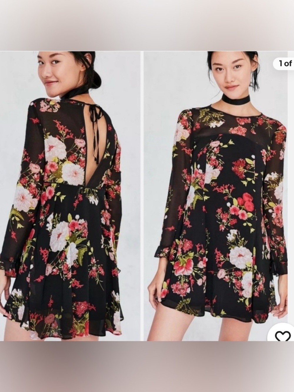 Kimchi Blue Dragonfly sheer black floral yoke mini frock dress long sleeve  S